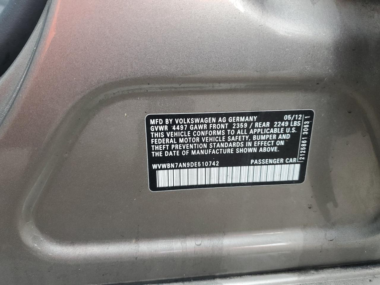 2013 Volkswagen Cc Sport VIN: WVWBN7AN9DE510742 Lot: 82292105