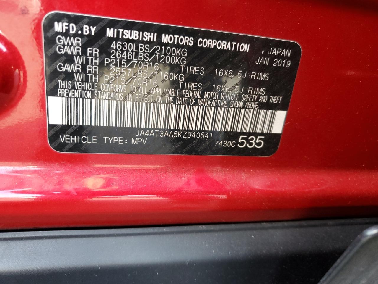 2019 Mitsubishi Eclipse Cross Es VIN: JA4AT3AA5KZ040541 Lot: 82676415