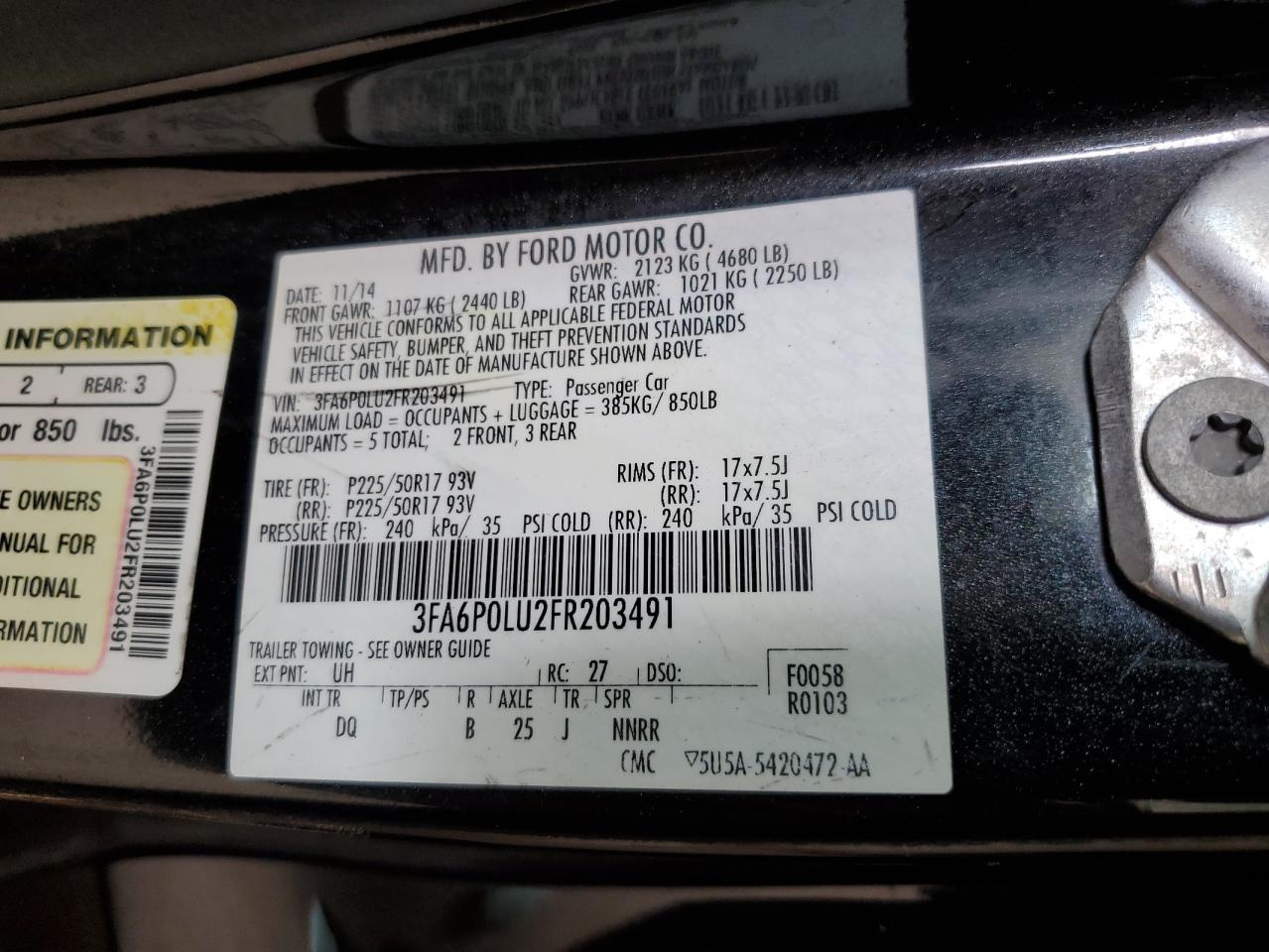 2015 Ford Fusion Se Hybrid VIN: 3FA6P0LU2FR203491 Lot: 82243995