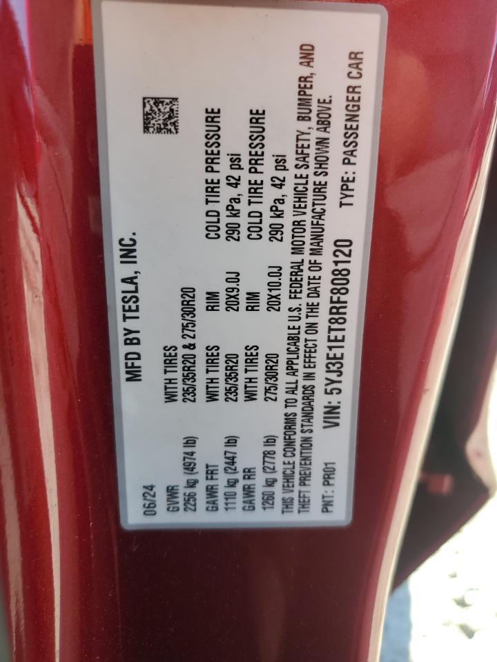 2024 Tesla Model 3 VIN: 5YJ3E1ET8RF808120 Lot: 83955135