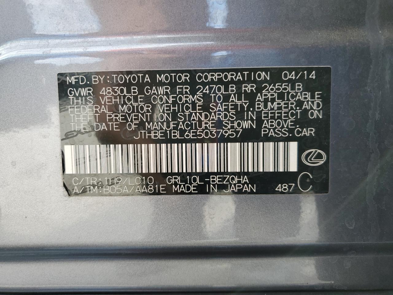 2014 Lexus Gs 350 VIN: JTHBE1BL6E5037957 Lot: 87040595