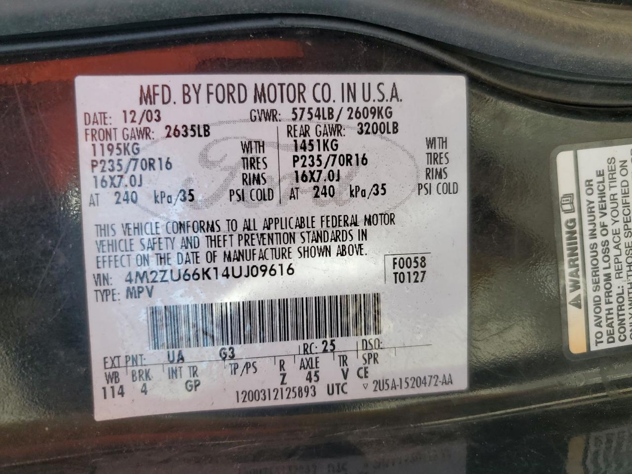 2004 Mercury Mountaineer VIN: 4M2ZU66K14UJ09616 Lot: 86862585