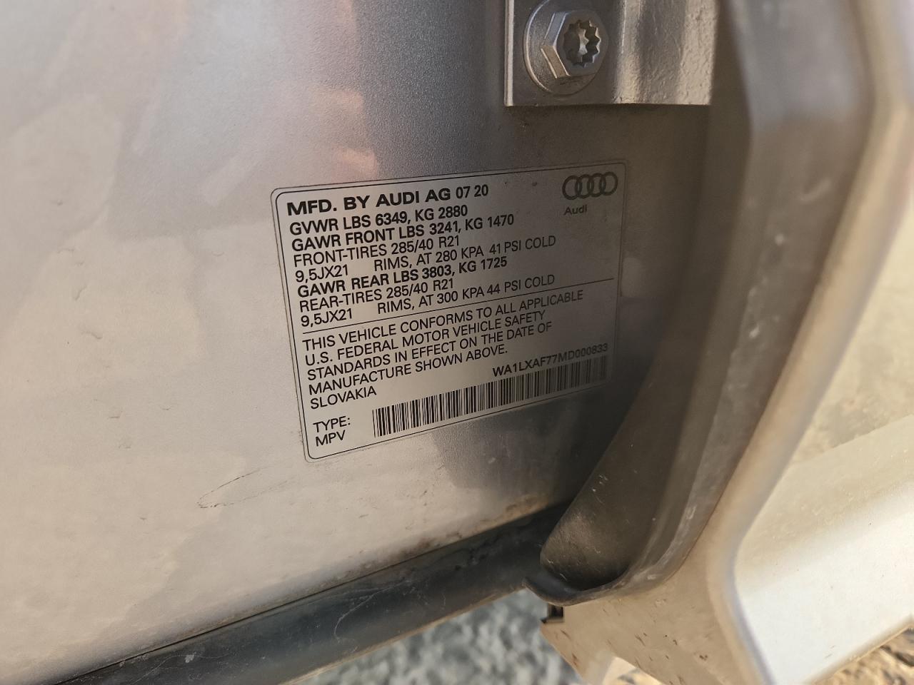 2021 Audi Q7 Premium Plus VIN: WA1LXAF77MD000833 Lot: 84907715