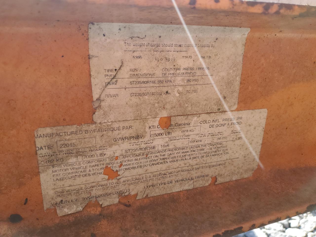 2015 Kaufman Equipment Trailer VIN: 5VGFB1625FL003715 Lot: 87446315