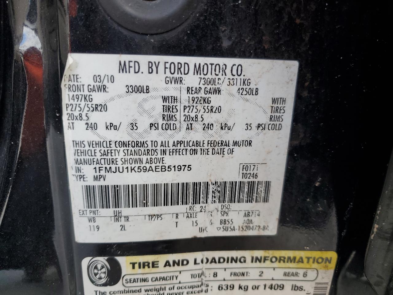 2010 Ford Expedition Limited VIN: 1FMJU1K59AEB51975 Lot: 84653405