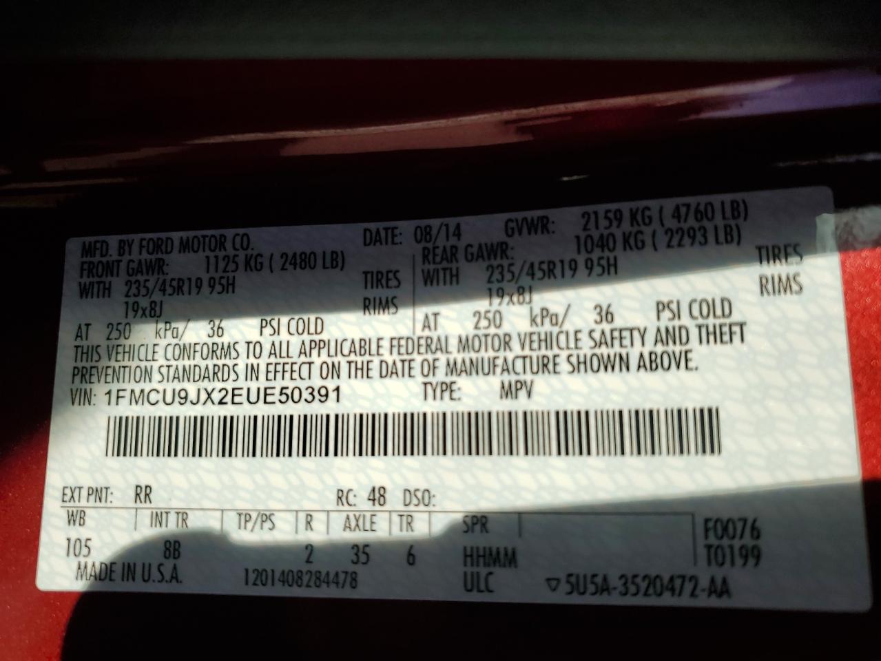 2014 Ford Escape Titanium VIN: 1FMCU9JX2EUE50391 Lot: 86174925