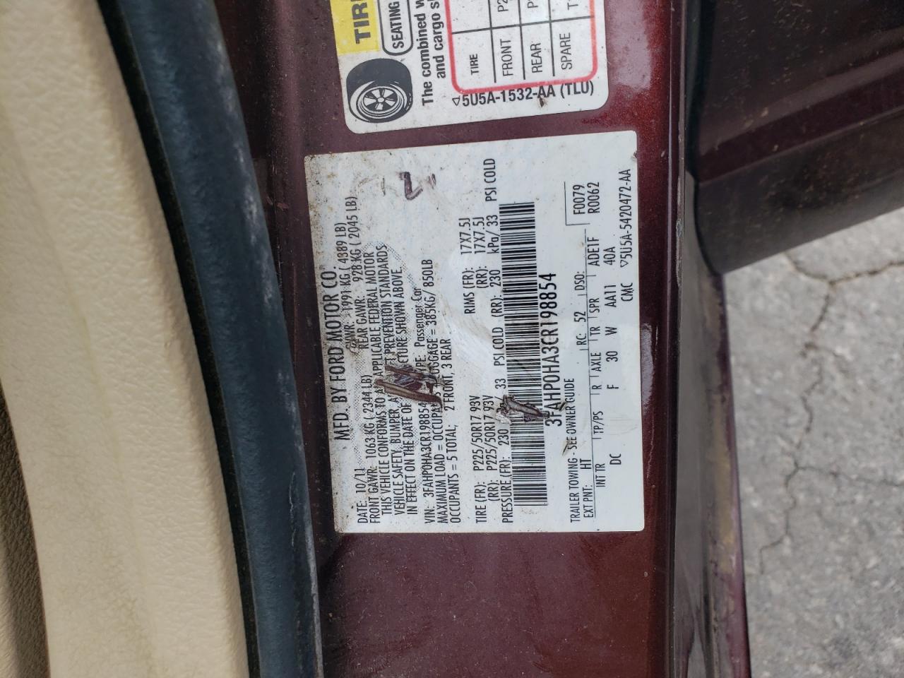 2012 Ford Fusion Se VIN: 3FAHP0HA3CR198854 Lot: 85547025