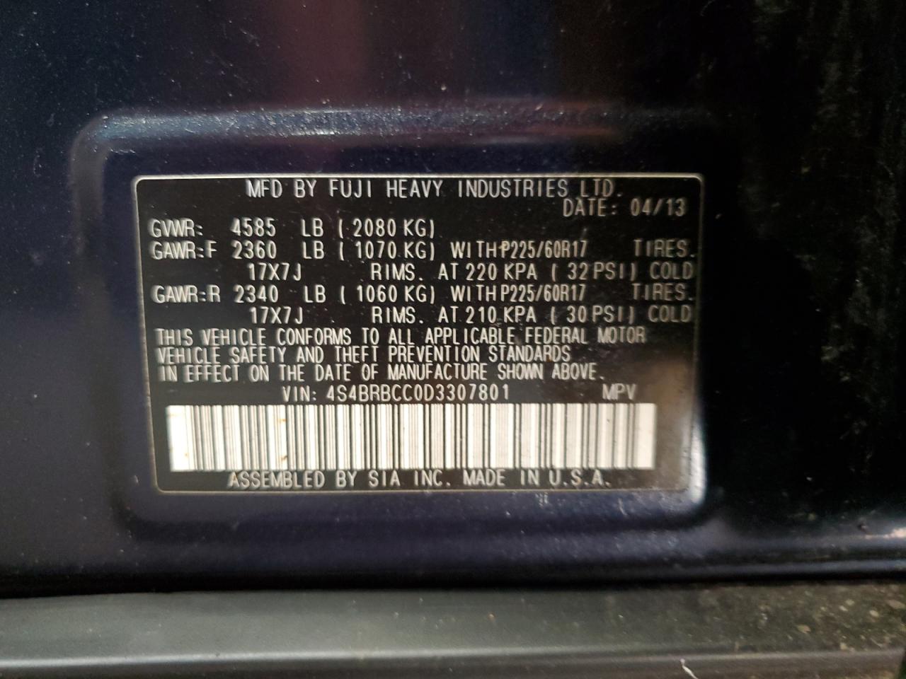 2013 Subaru Outback 2.5I Premium VIN: 4S4BRBCC0D3307801 Lot: 86214125