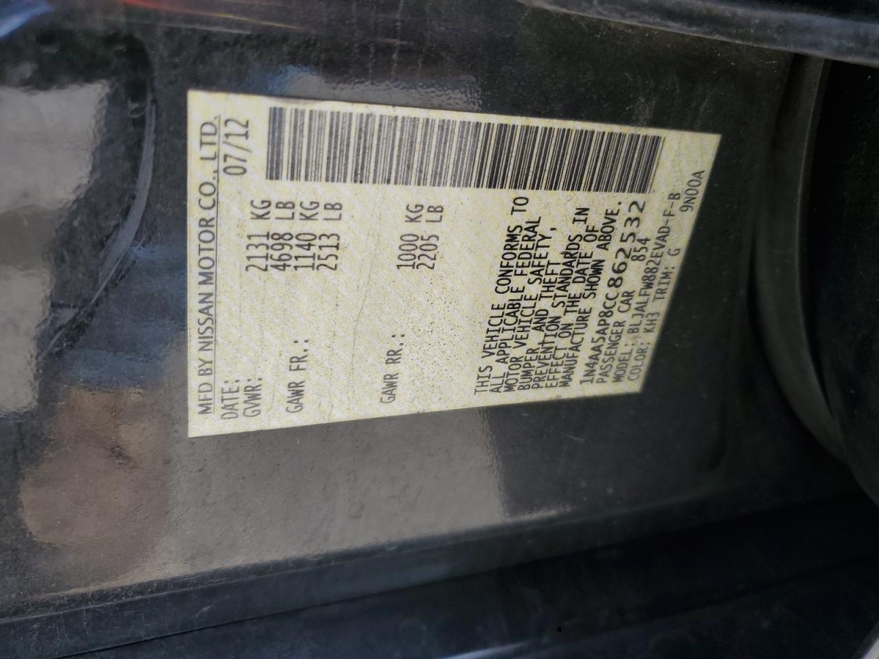 2012 Nissan Maxima S VIN: 1N4AA5AP8CC862532 Lot: 86279495