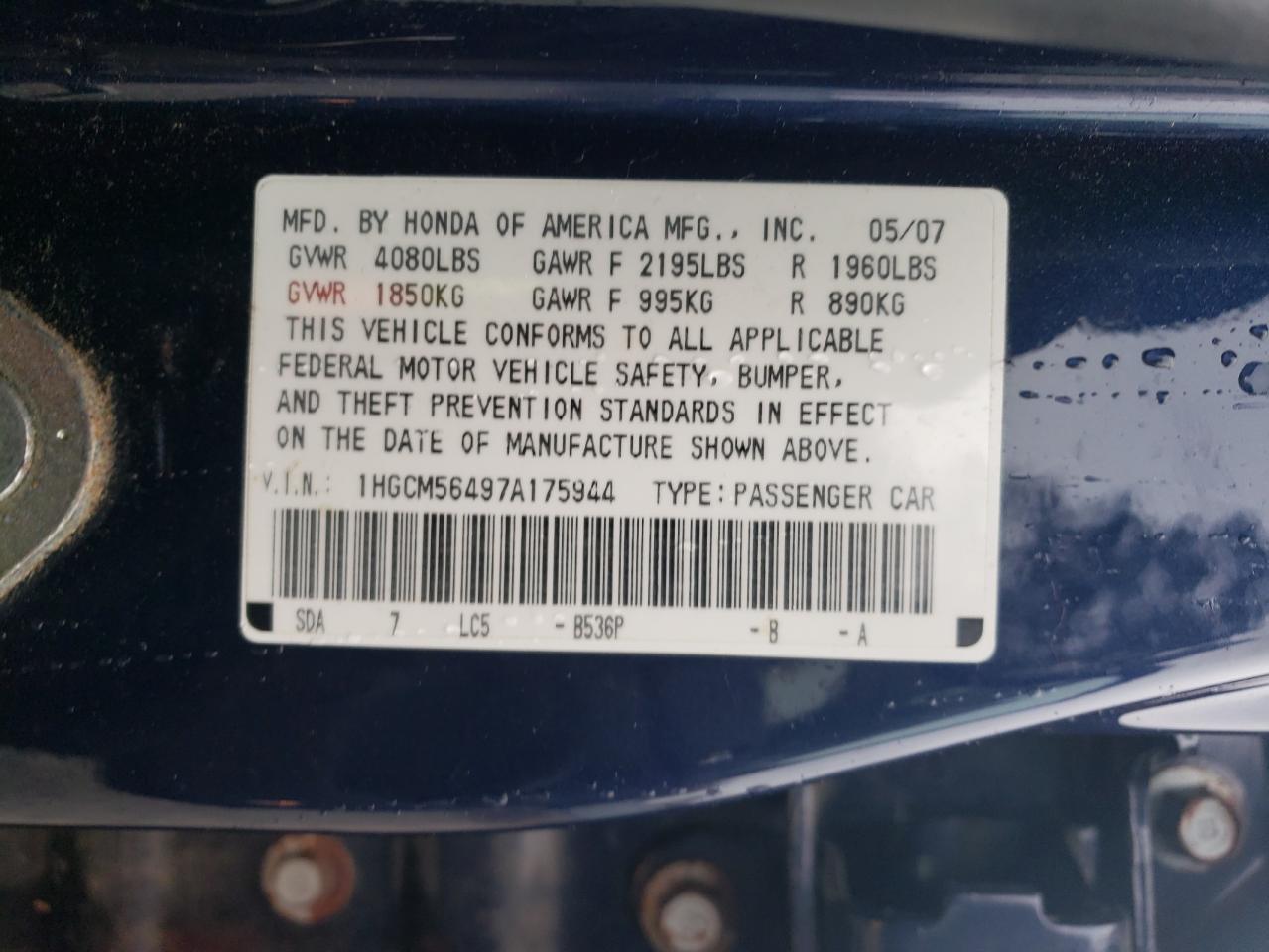 2007 Honda Accord Lx VIN: 1HGCM56497A175944 Lot: 85815715