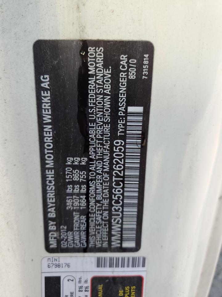 2012 Mini Cooper VIN: WMWSU3C56CT262059 Lot: 85857065