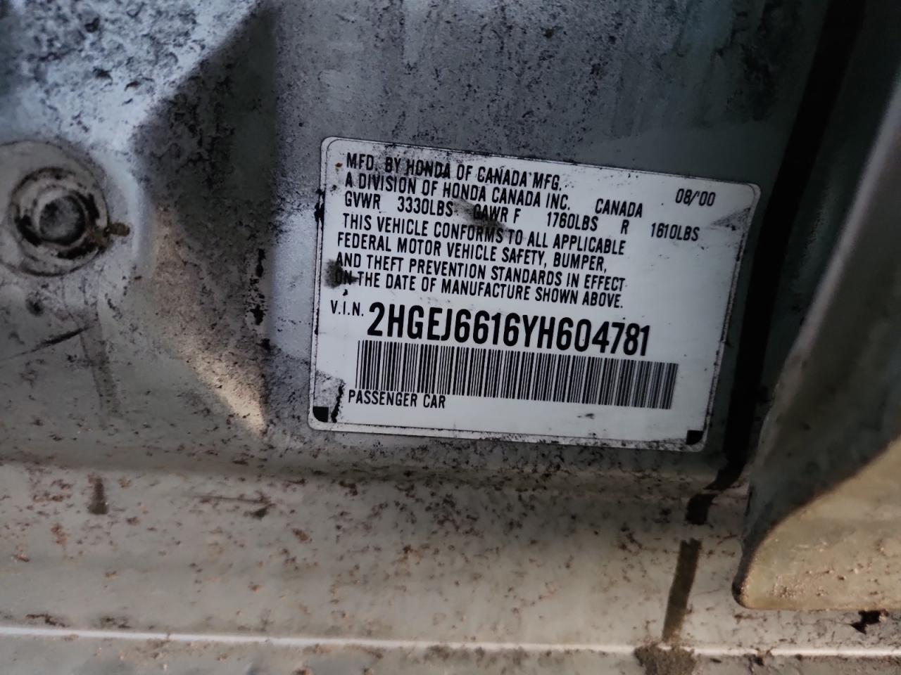 2000 Honda Civic Base VIN: 2HGEJ6616YH604781 Lot: 87376895