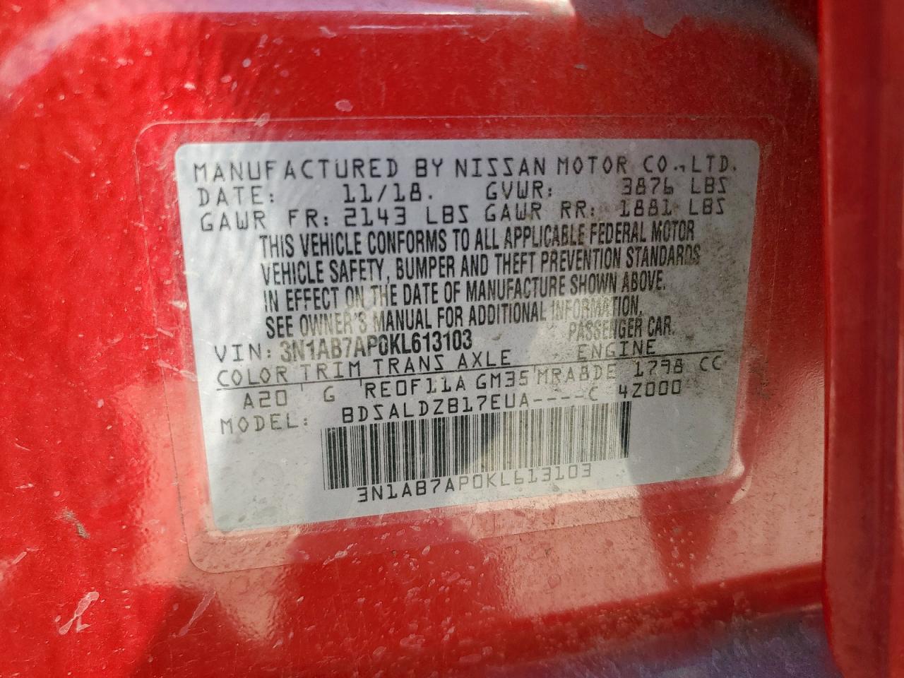 2019 Nissan Sentra S VIN: 3N1AB7AP0KL613103 Lot: 82226475