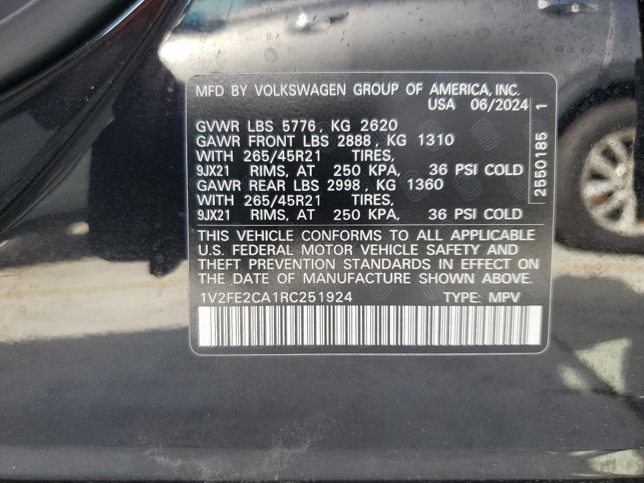 2024 Volkswagen Atlas Cross Sport Sel Premium R-Line VIN: 1V2FE2CA1RC251924 Lot: 85319405