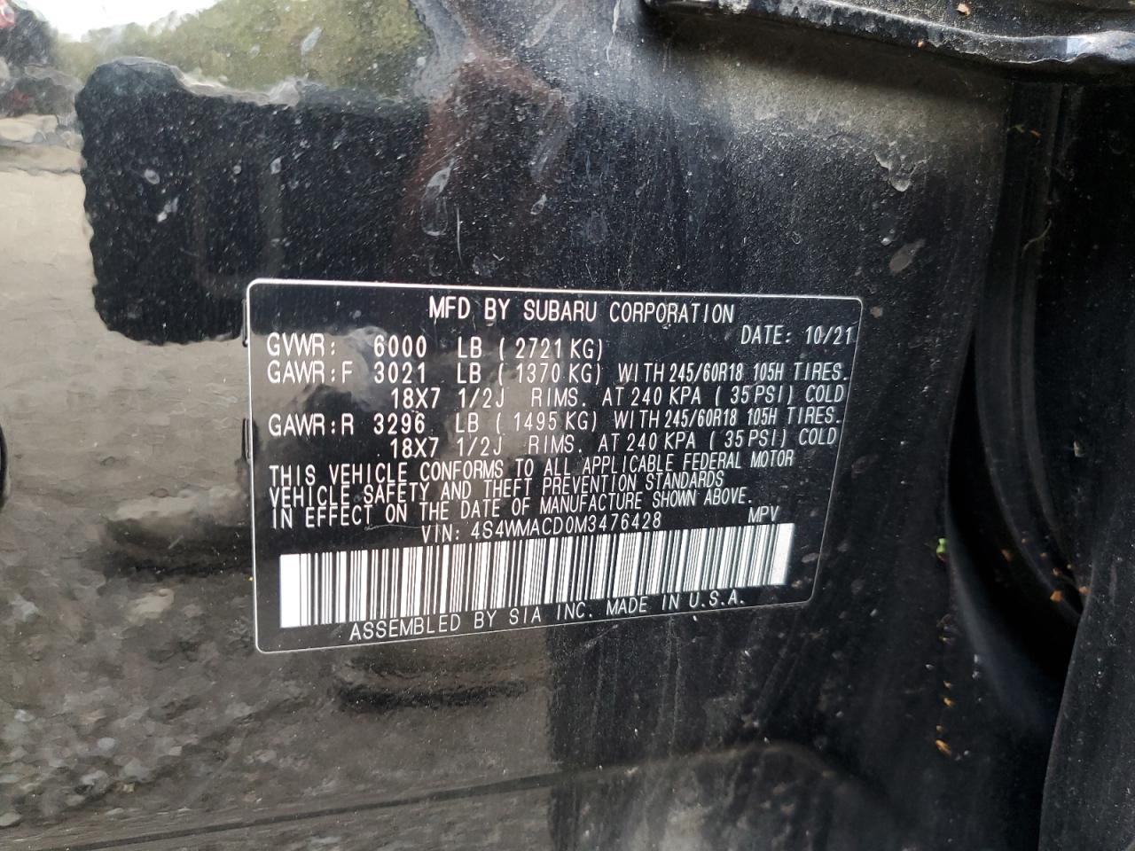 2021 Subaru Ascent Premium VIN: 4S4WMACD0M3476428 Lot: 85335385