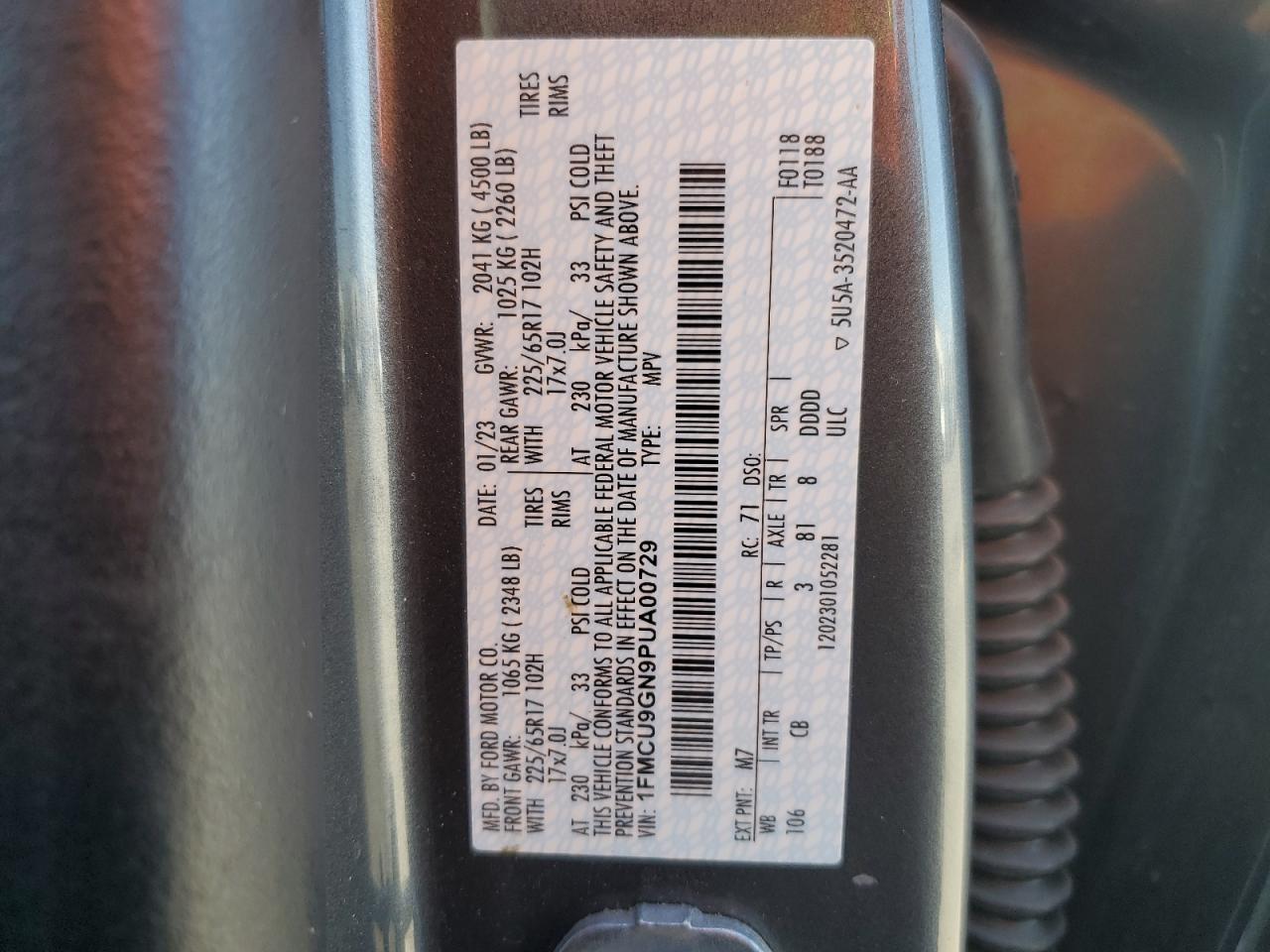 2023 Ford Escape Active VIN: 1FMCU9GN9PUA00729 Lot: 84813955