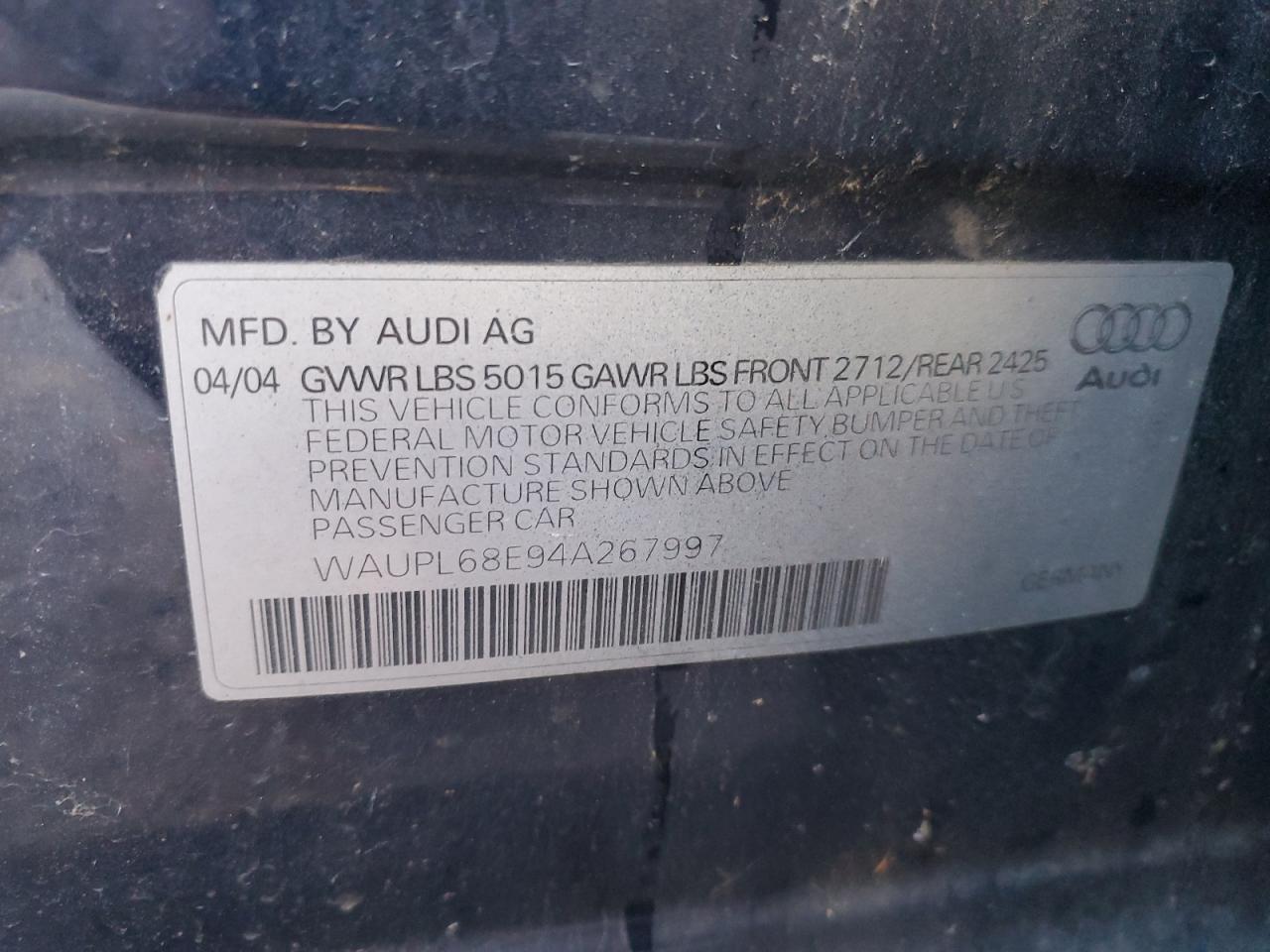 2004 Audi S4 VIN: WAUPL68E94A267997 Lot: 86118355