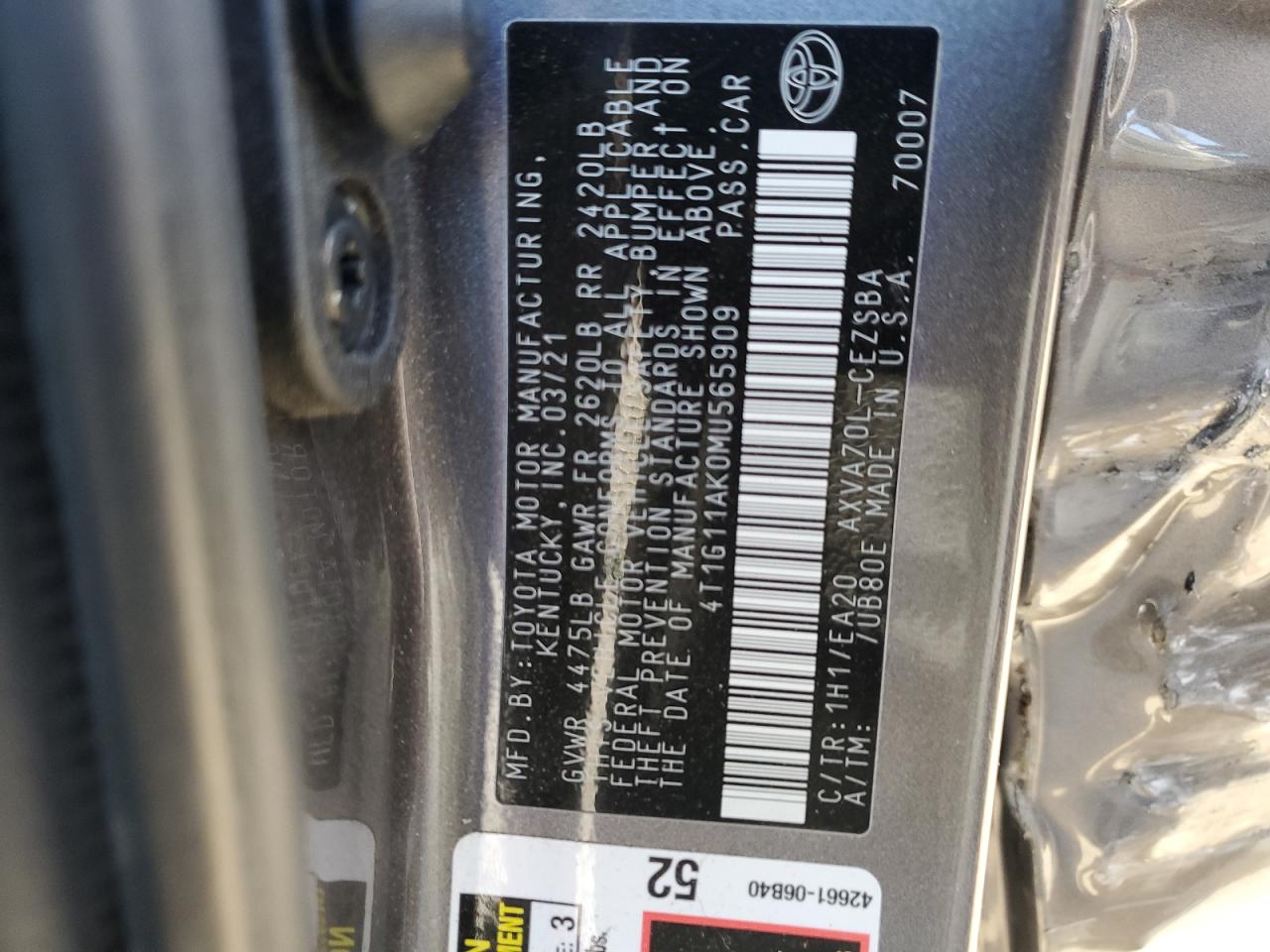 2021 Toyota Camry Se VIN: 4T1G11AK0MU565909 Lot: 87433505