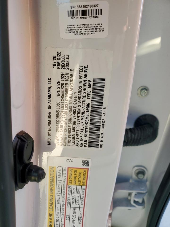 2021 Honda Pilot Se VIN: 5FNYF5H28MB015986 Lot: 89887335