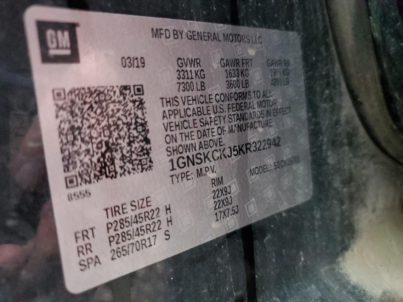 2019 Chevrolet Tahoe K1500 Premier VIN: 1GNSKCKJ5KR322942 Lot: 87211855