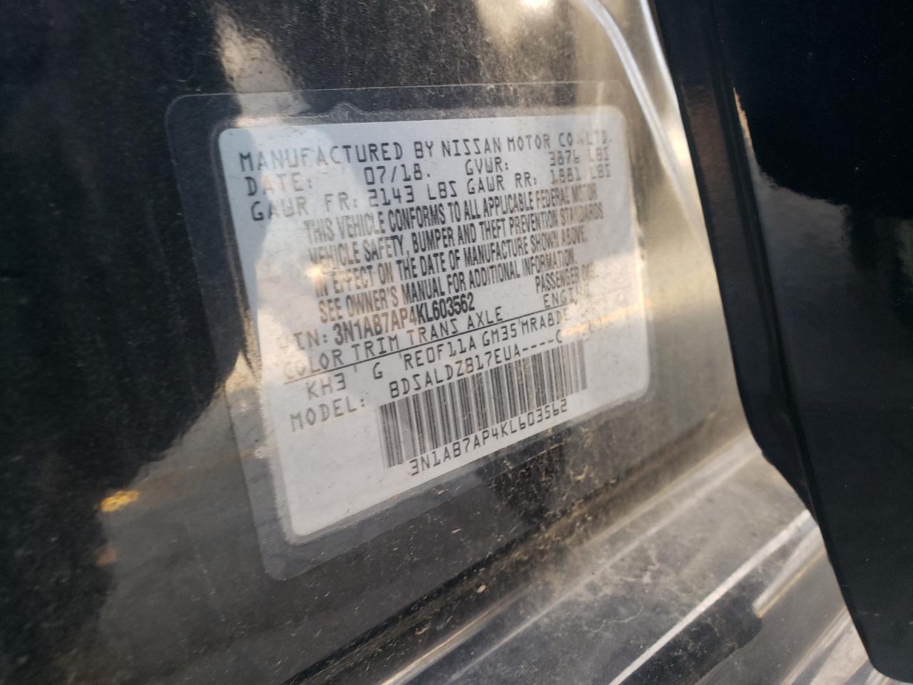 2019 Nissan Sentra S VIN: 3N1AB7AP4KL603562 Lot: 82426515