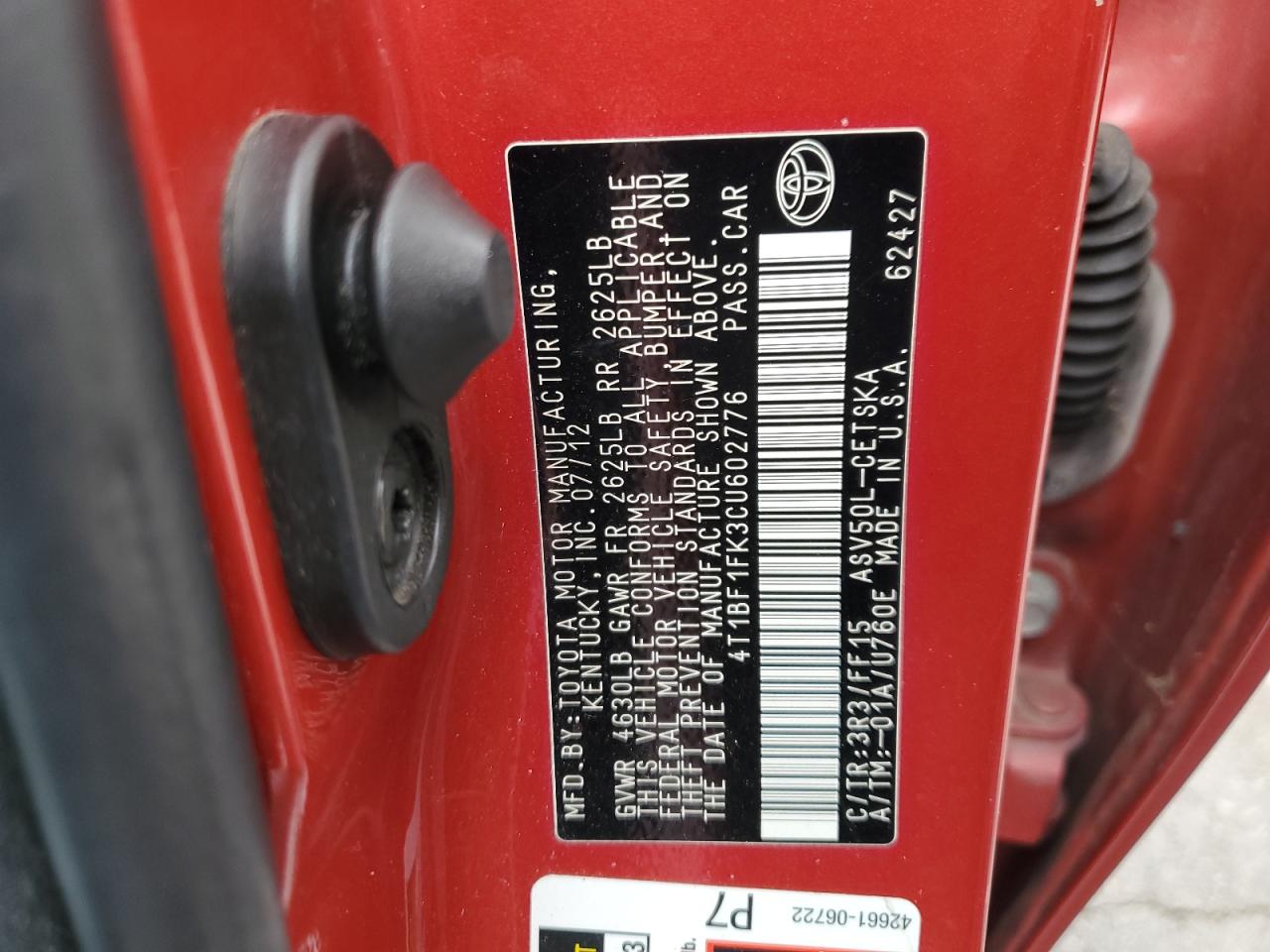 2012 Toyota Camry Base VIN: 4T1BF1FK3CU602776 Lot: 84975265