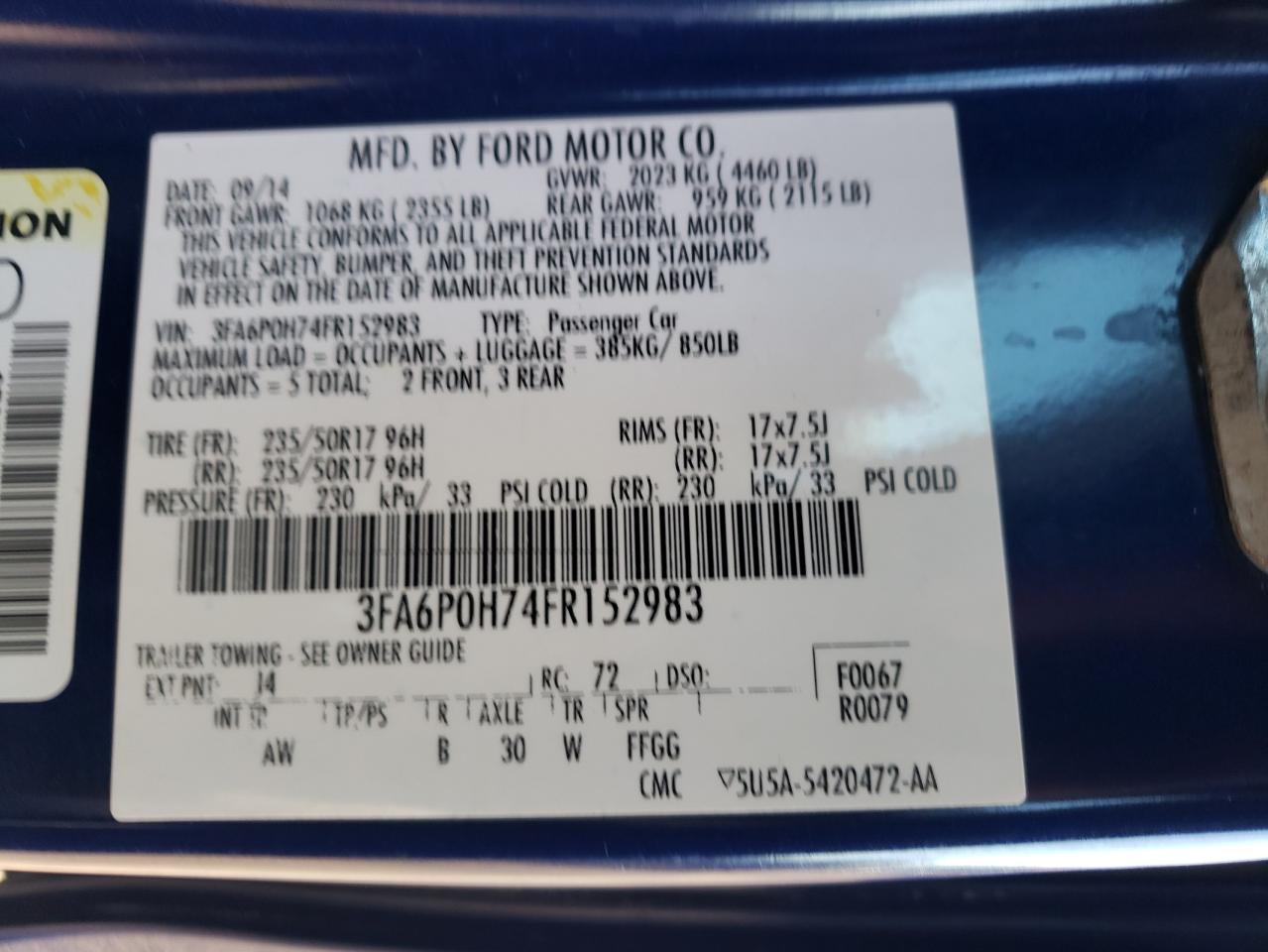 2015 Ford Fusion Se VIN: 3FA6P0H74FR152983 Lot: 85900865