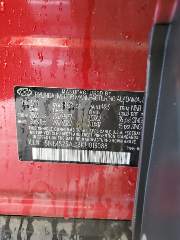 2019 Hyundai Santa Fe Se VIN: 5NMS23AD3KH013088 Lot: 85005715