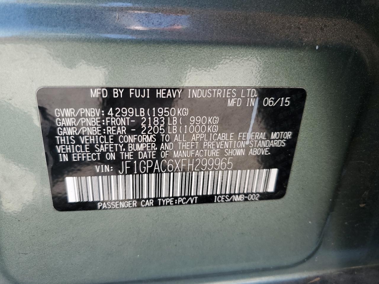 2015 Subaru Impreza Premium VIN: JF1GPAC6XFH299965 Lot: 82087485