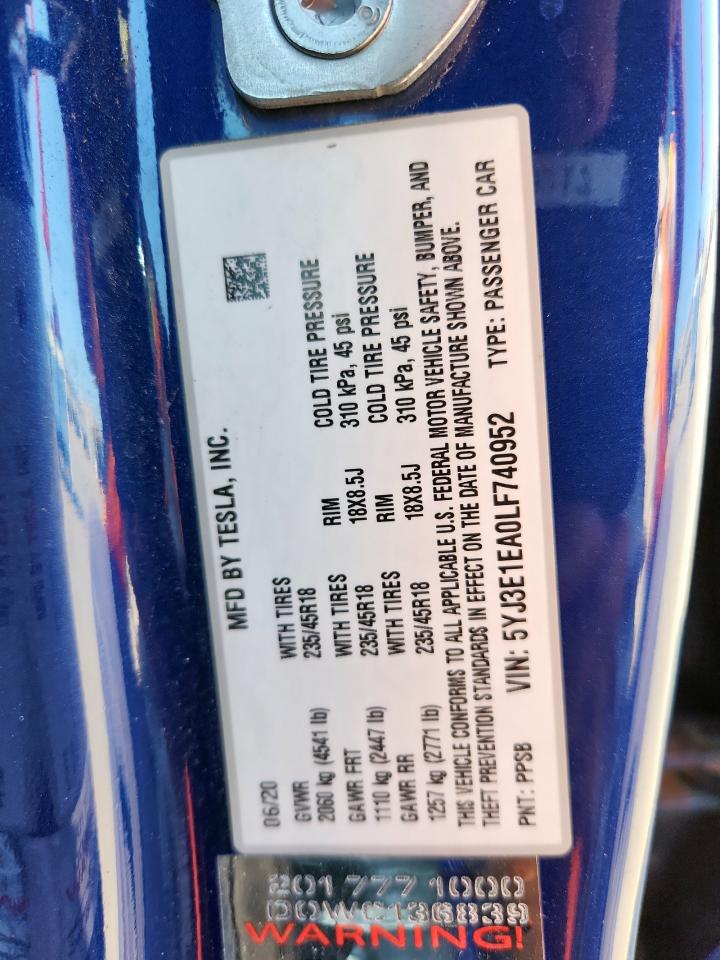 2020 Tesla Model 3 VIN: 5YJ3E1EA0LF740952 Lot: 84980285