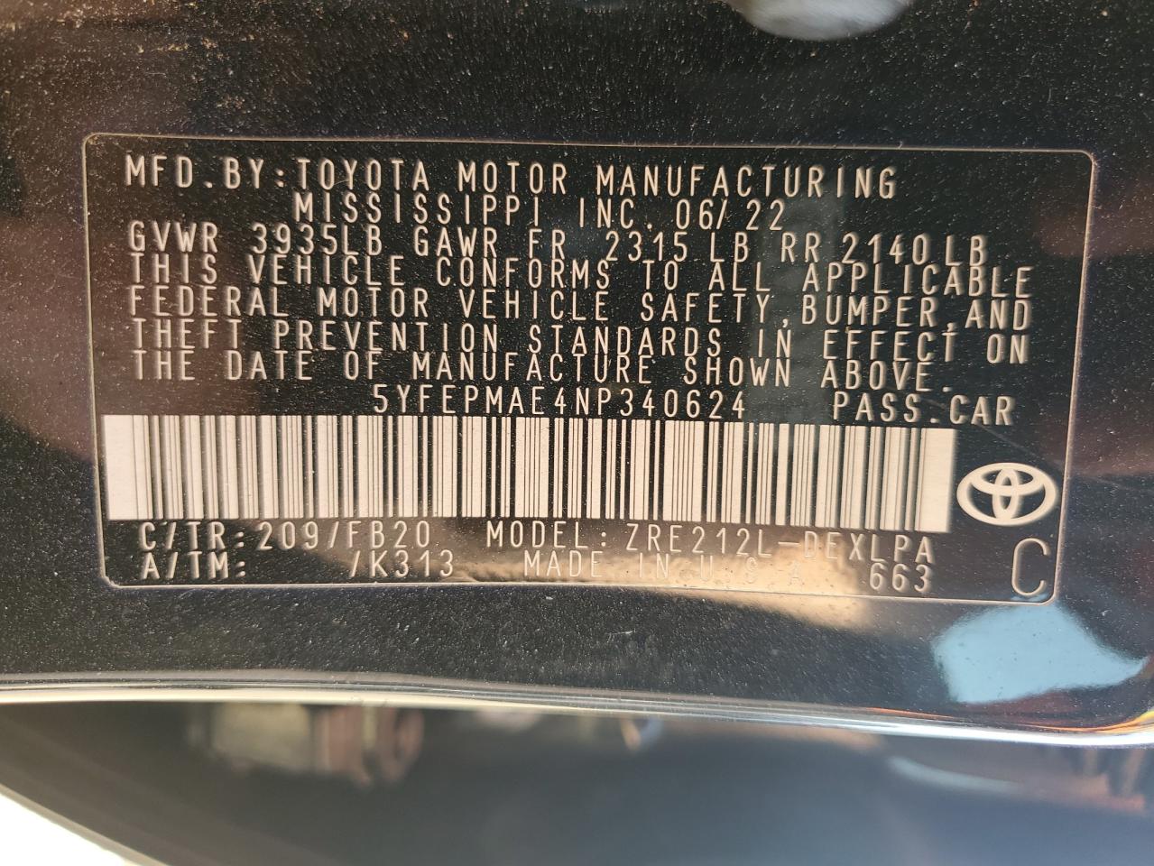 2022 Toyota Corolla Le VIN: 5YFEPMAE4NP340624 Lot: 84958755