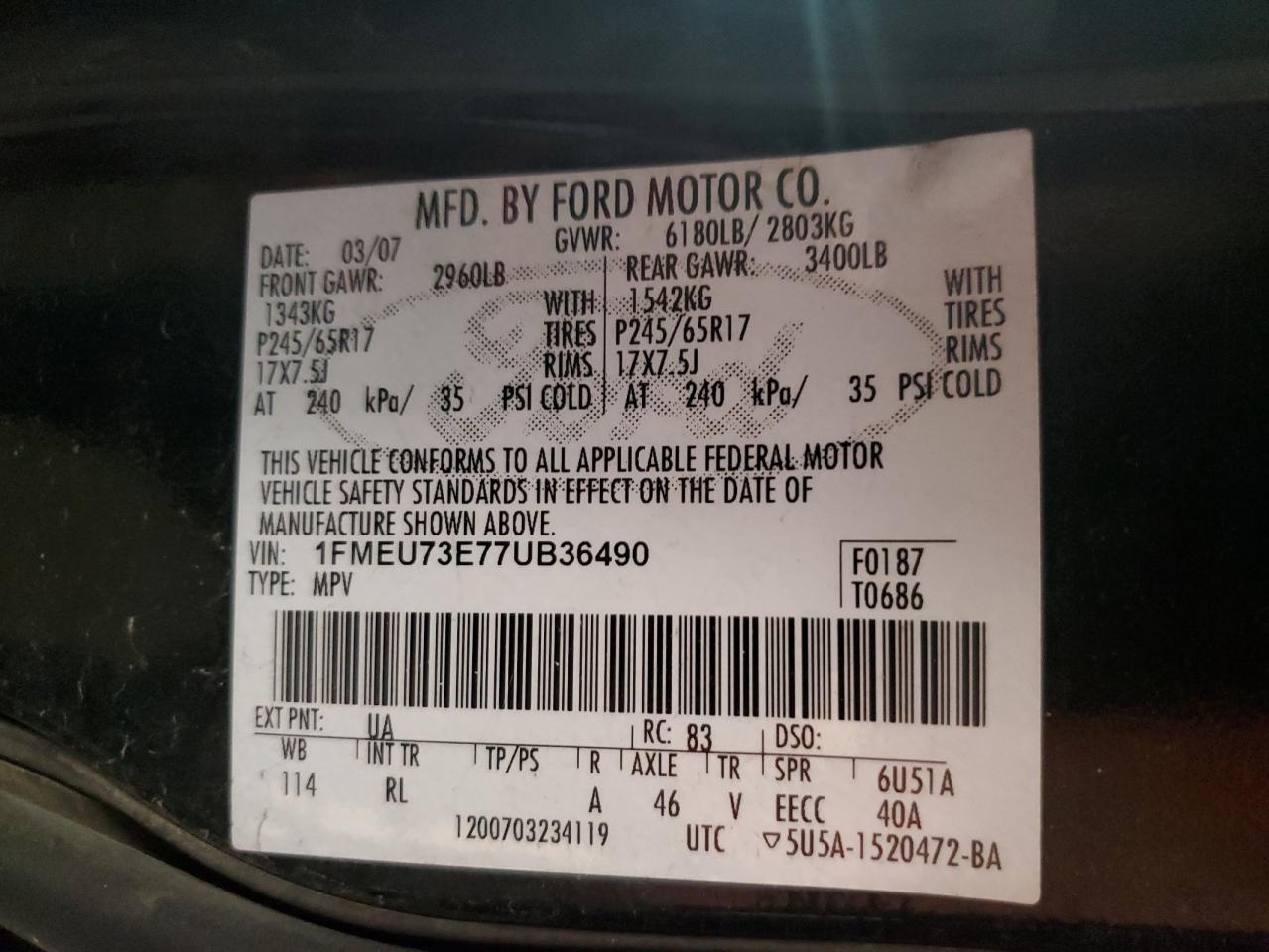 2007 Ford Explorer Xlt VIN: 1FMEU73E77UB36490 Lot: 89507005
