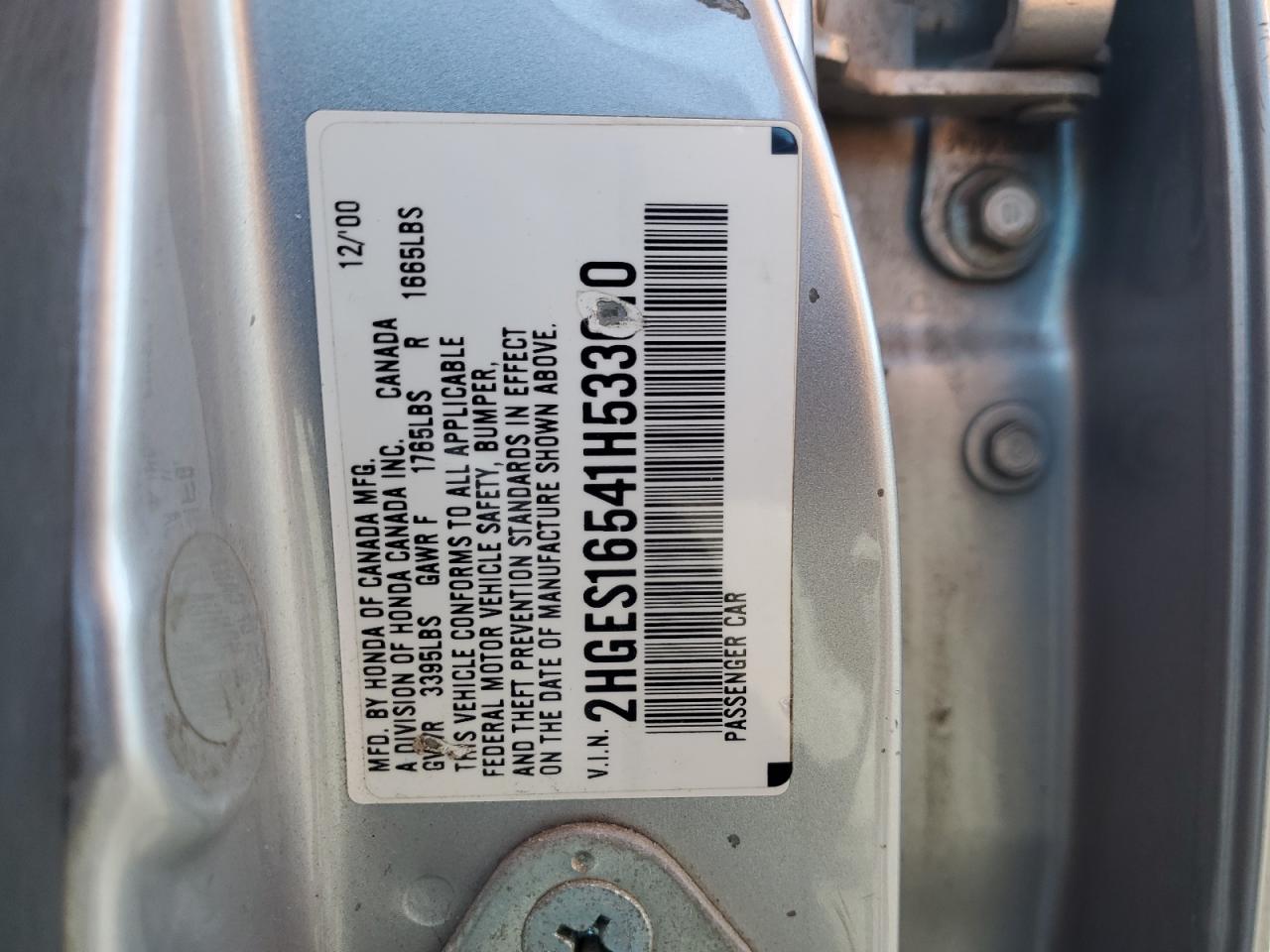 2001 Honda Civic Lx VIN: 2HGES16541H533010 Lot: 85942655