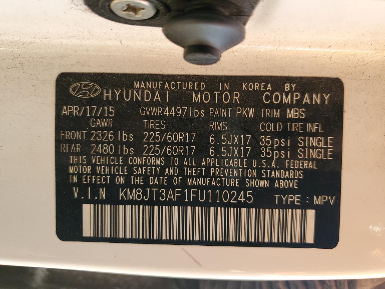 2015 Hyundai Tucson Gls VIN: KM8JT3AF1FU110245 Lot: 85142175