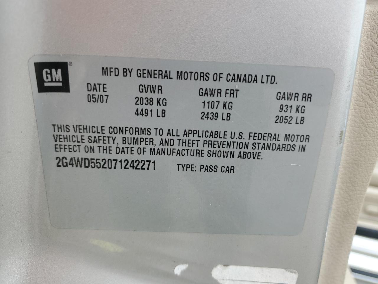 2007 Buick Lacrosse Cxl VIN: 2G4WD552071242271 Lot: 82261155