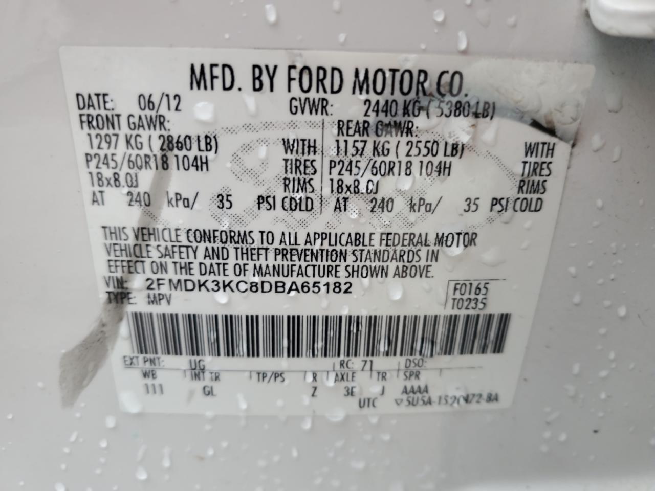 2013 Ford Edge Limited VIN: 2FMDK3KC8DBA65182 Lot: 90230115