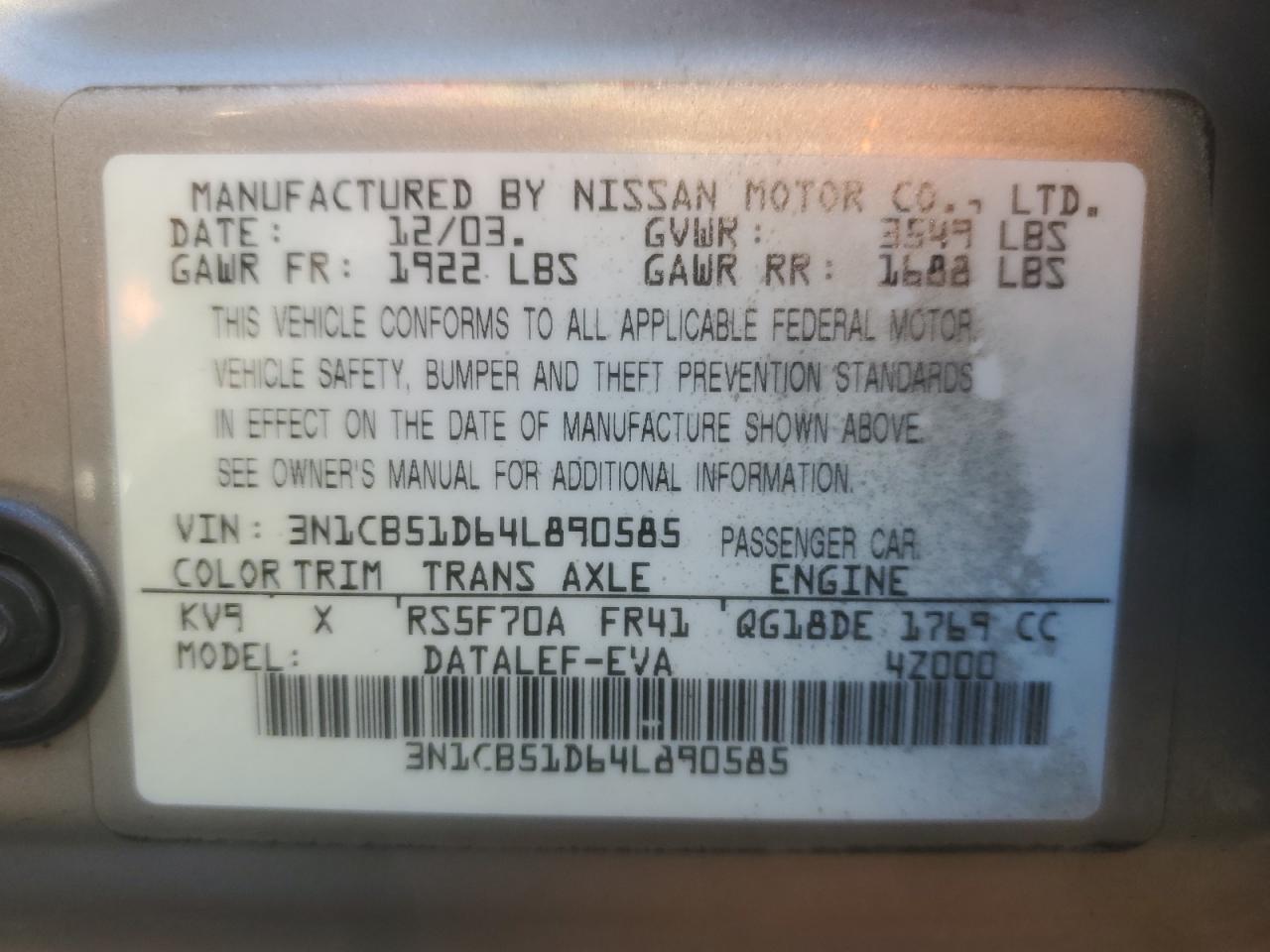 2004 Nissan Sentra 1.8 VIN: 3N1CB51D64L890585 Lot: 85199845