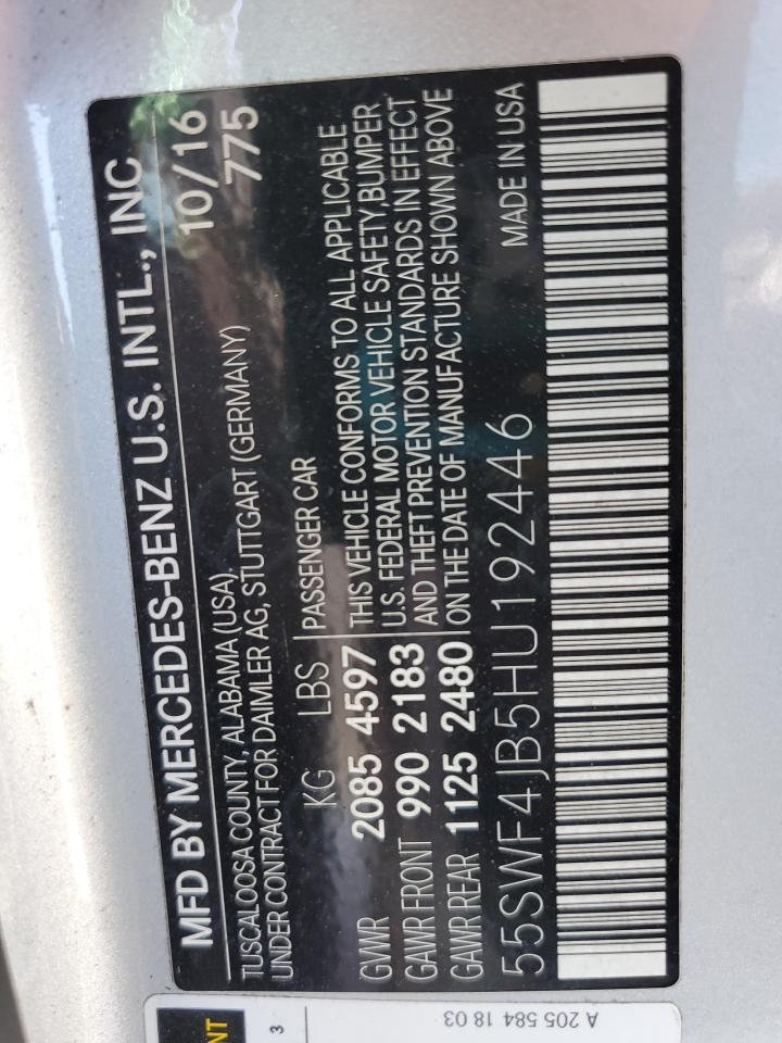 2017 Mercedes-Benz C 300 VIN: 55SWF4JB5HU192446 Lot: 89486835