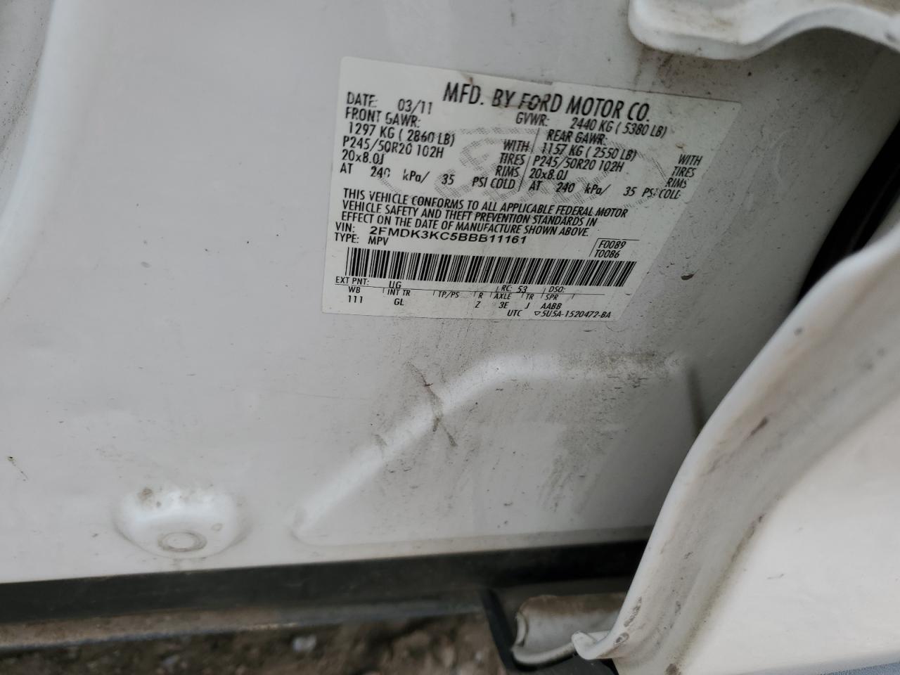 2011 Ford Edge Limited VIN: 2FMDK3KC5BBB11161 Lot: 86332525