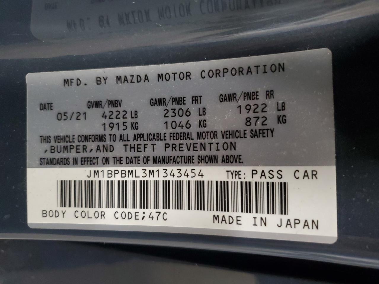 2021 Mazda 3 Premium VIN: JM1BPBML3M1343454 Lot: 84960675