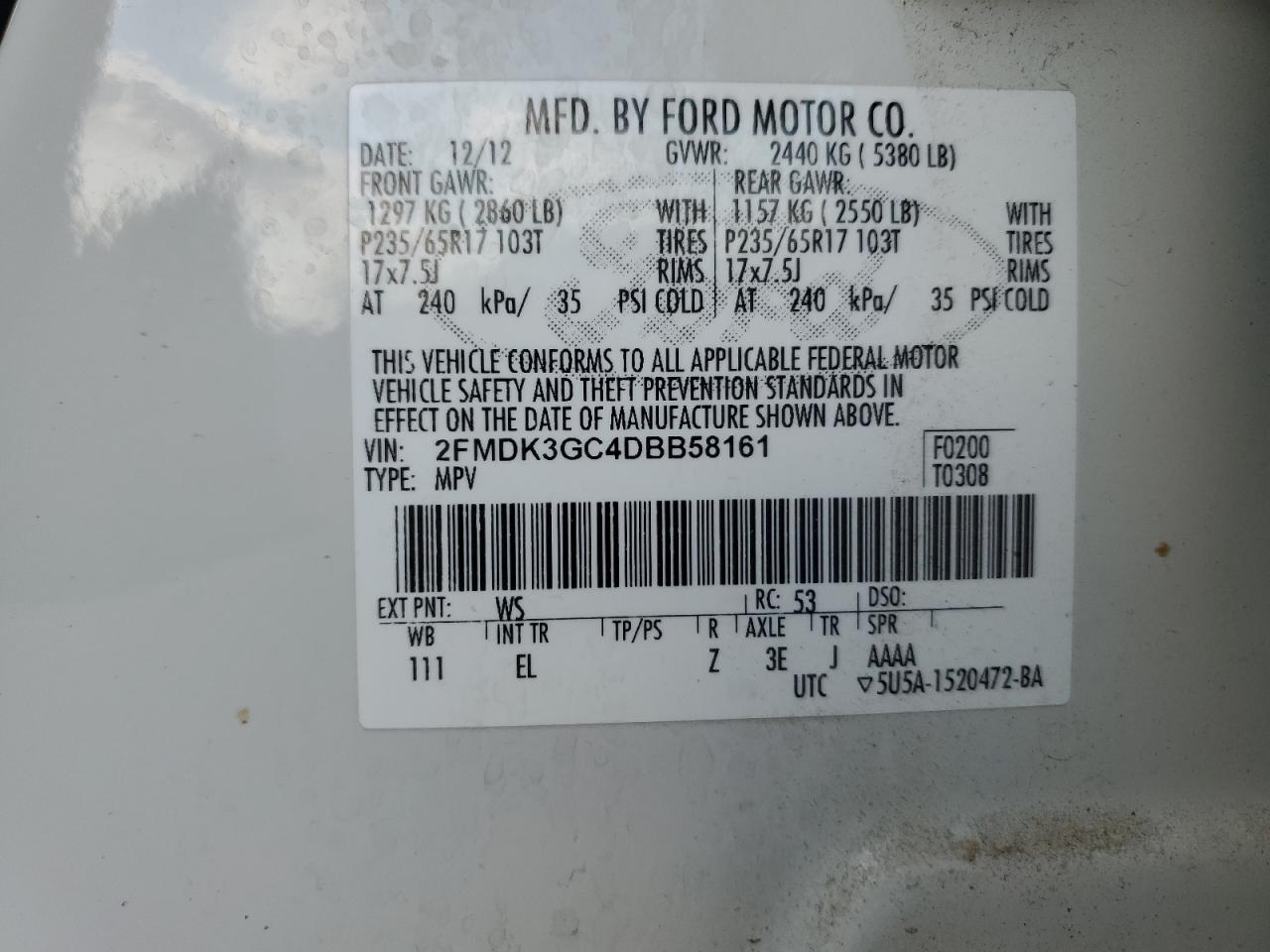 2013 Ford Edge Se VIN: 2FMDK3GC4DBB58161 Lot: 85309765