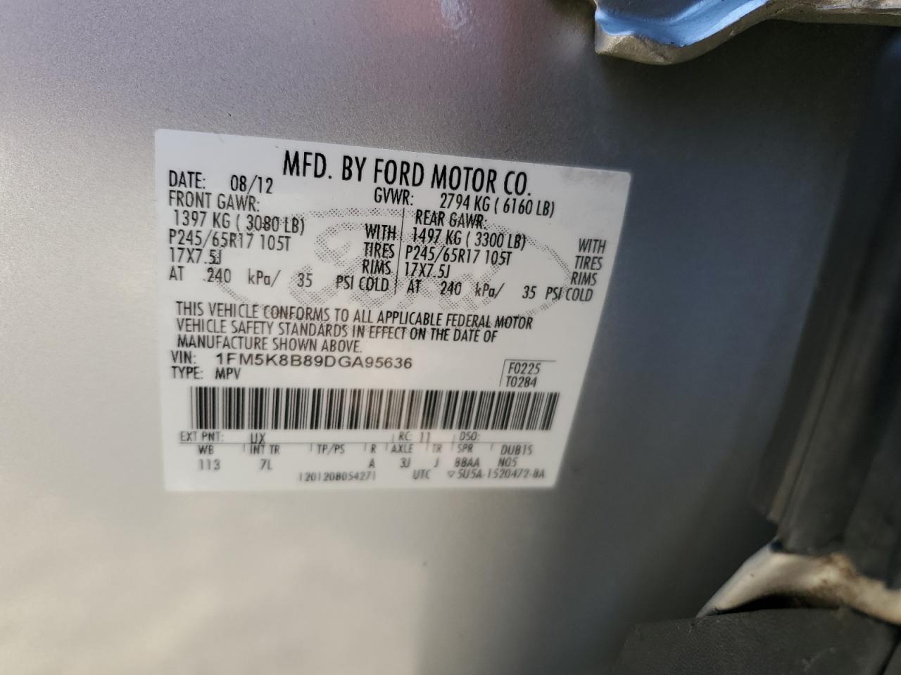 2013 Ford Explorer VIN: 1FM5K8B89DGA95636 Lot: 85056245