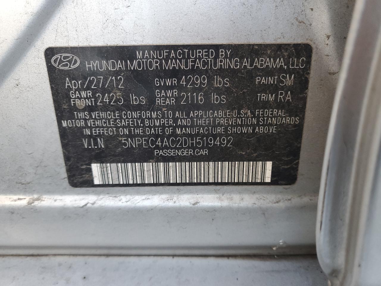 2013 Hyundai Sonata Se VIN: 5NPEC4AC2DH519492 Lot: 85258745