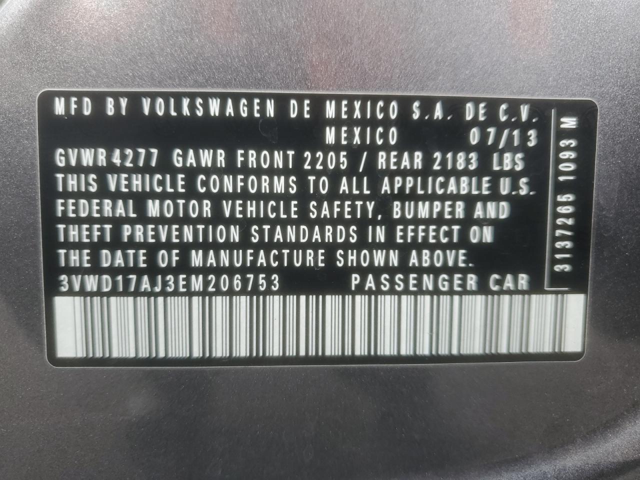 2014 Volkswagen Jetta Se VIN: 3VWD17AJ3EM206753 Lot: 86634475