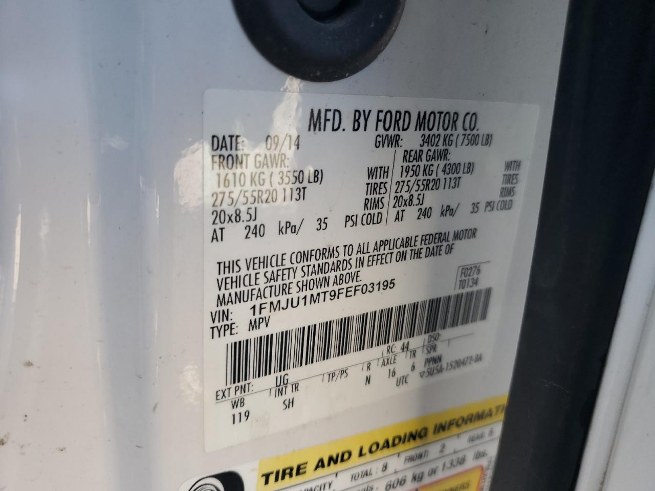 2015 Ford Expedition Platinum VIN: 1FMJU1MT9FEF03195 Lot: 90221575