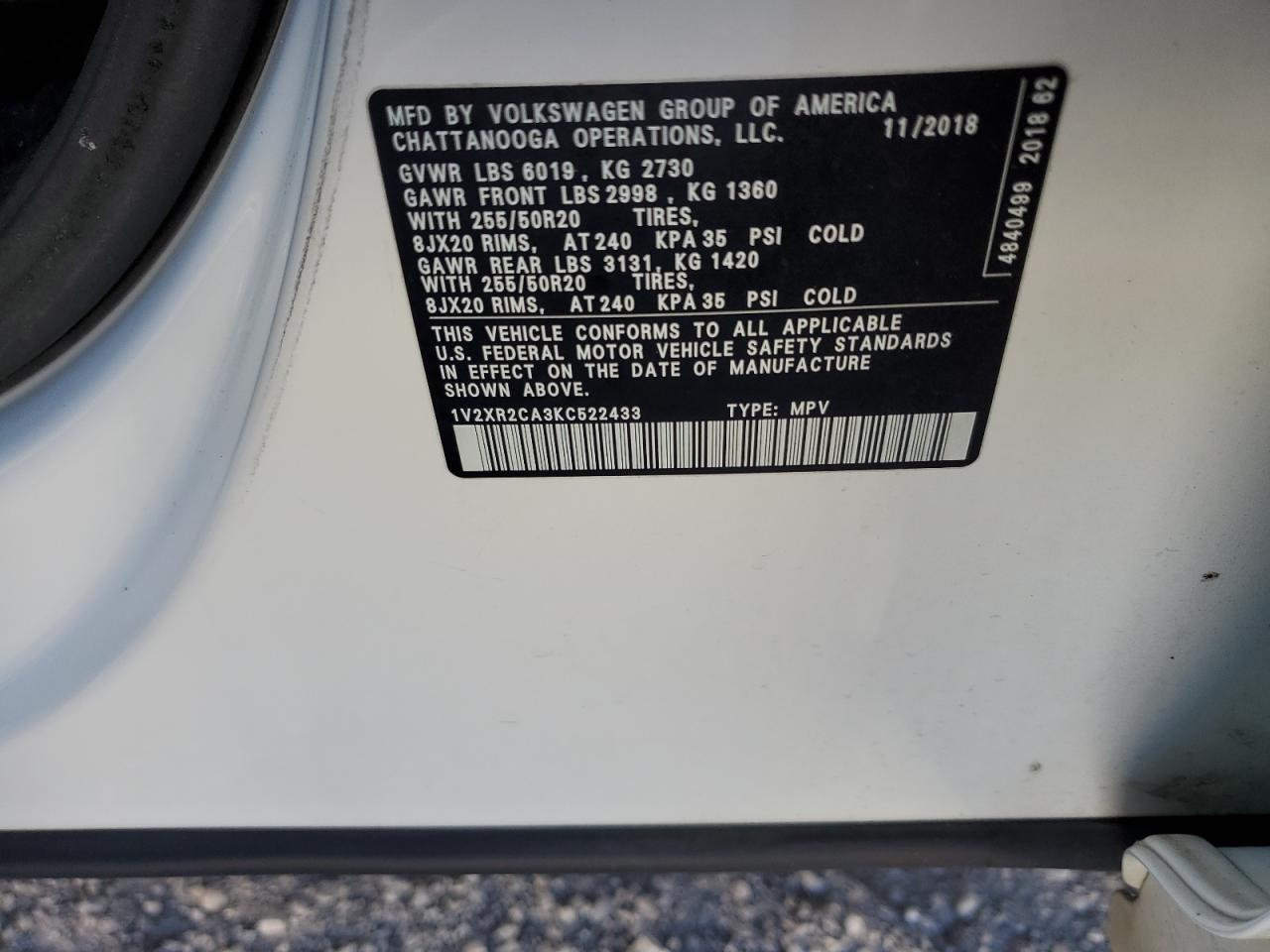 2019 Volkswagen Atlas Se VIN: 1V2XR2CA3KC522433 Lot: 84802595