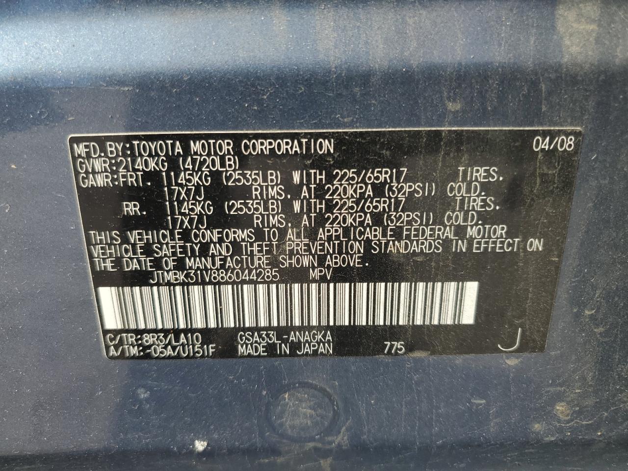 2008 Toyota Rav4 Limited VIN: JTMBK31V886044285 Lot: 89893475