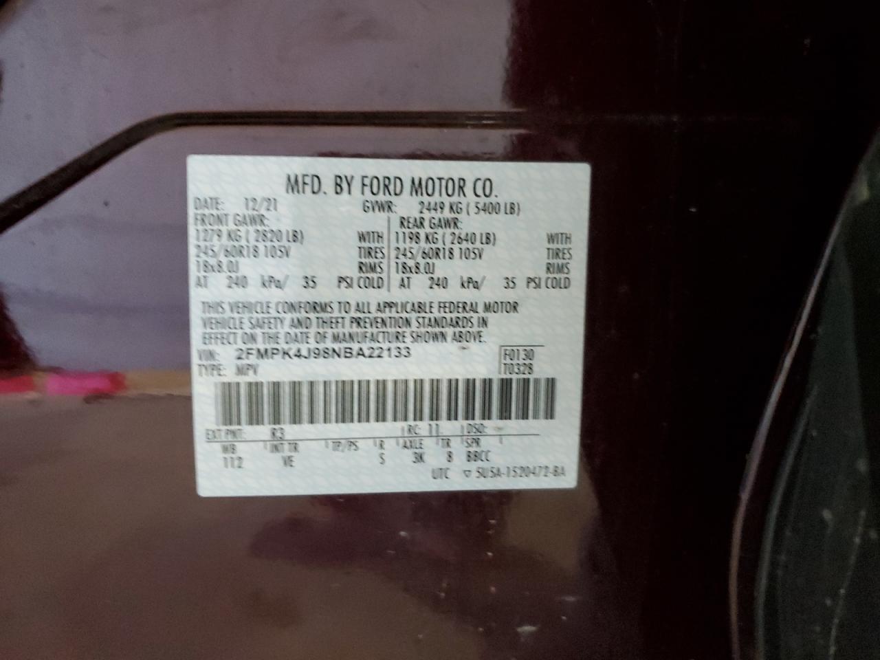 2022 Ford Edge Sel VIN: 2FMPK4J98NBA22133 Lot: 86186095