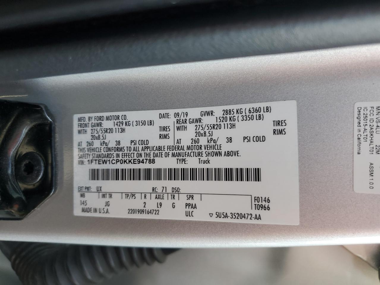 2019 Ford F150 Supercrew VIN: 1FTEW1CP0KKE94788 Lot: 89821515