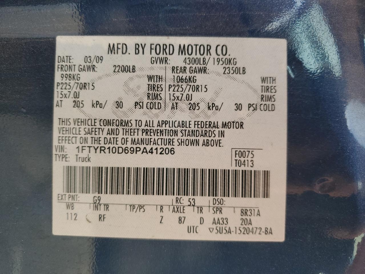 2009 Ford Ranger VIN: 1FTYR10D69PA41206 Lot: 86669125